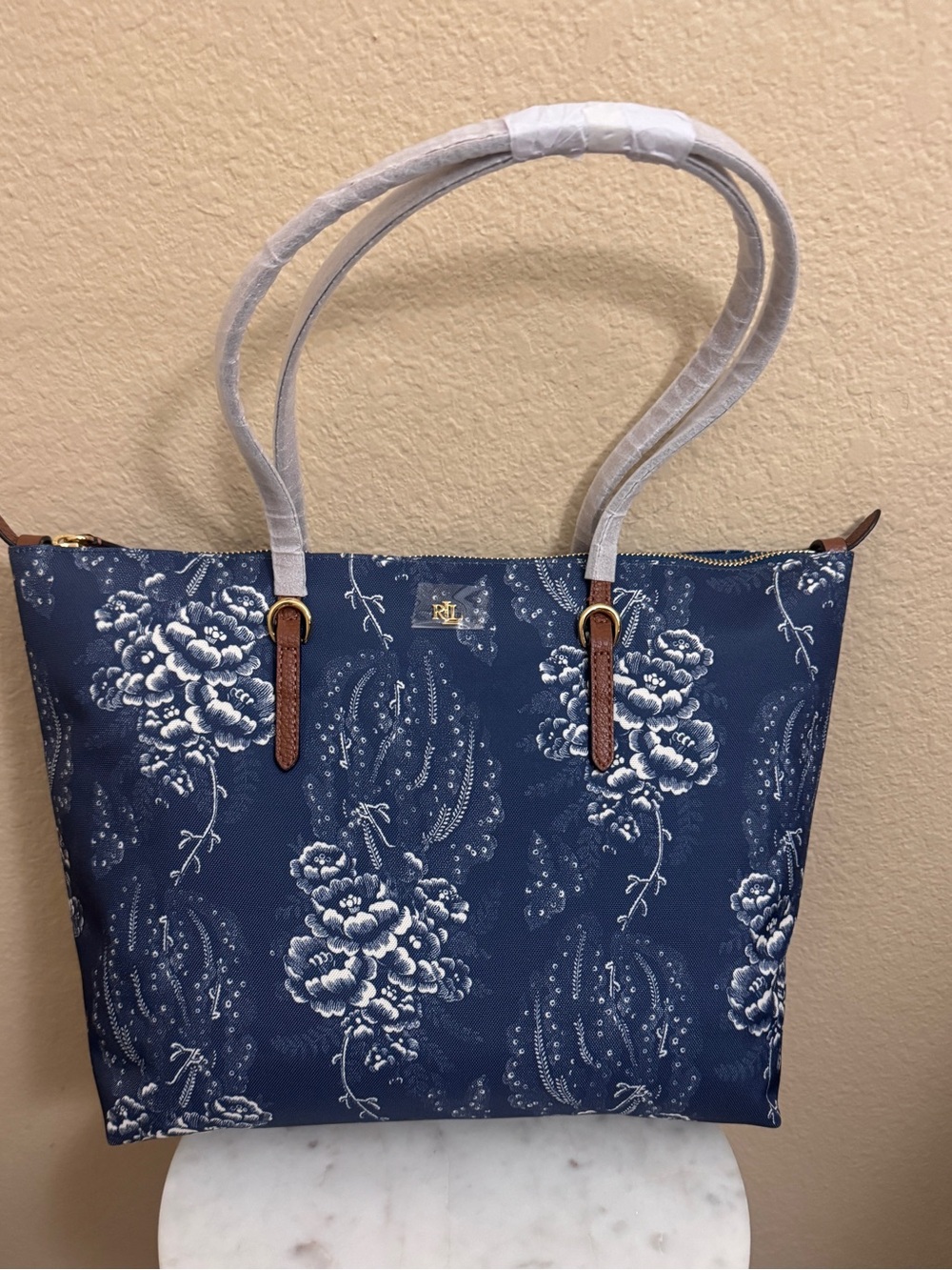 Women Ralph Lauren Blue Floral Medium Keaton Travel work office every day Tote - Picture 4 of 9
